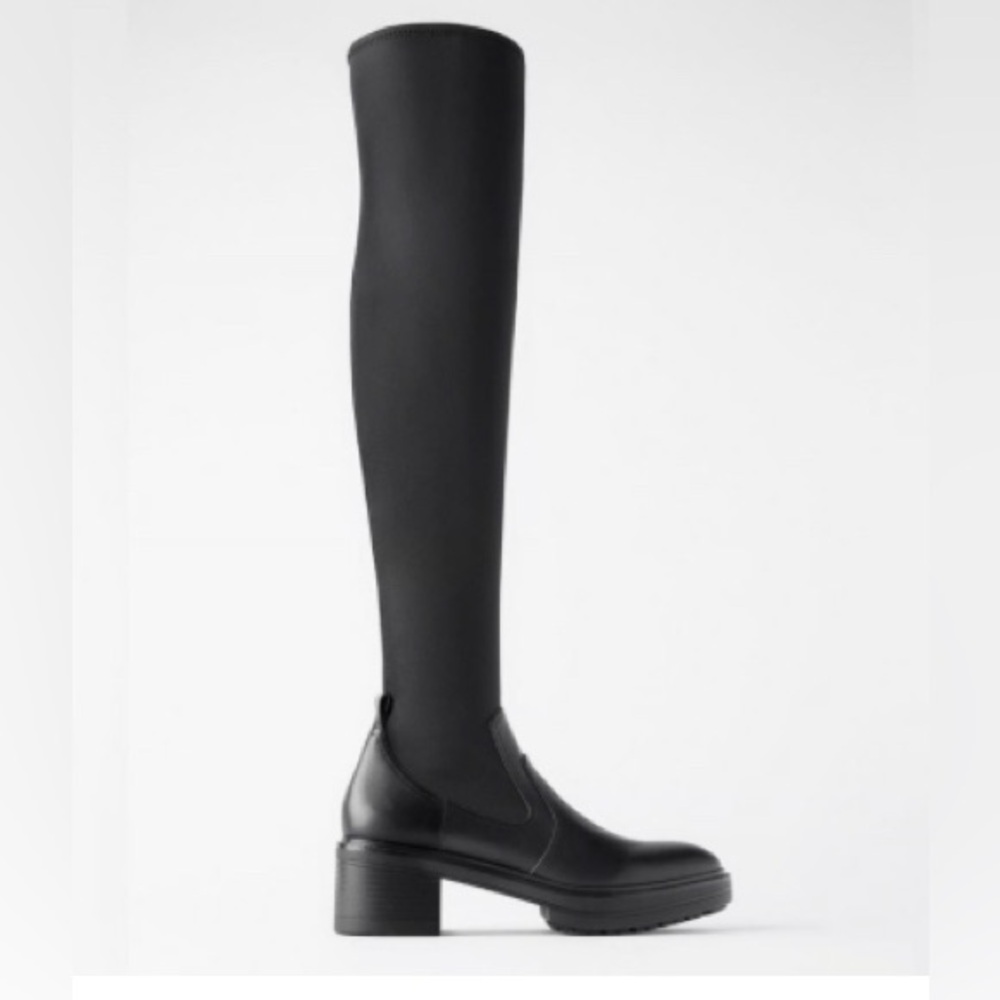 Zara Stretch Over The Knee Chunky Heel Boots